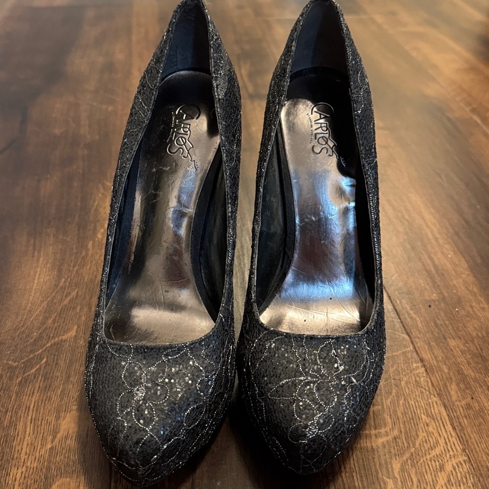 Carlos by Carlos Santana Black Sparkled Glitter and Lace Stilettos Heels